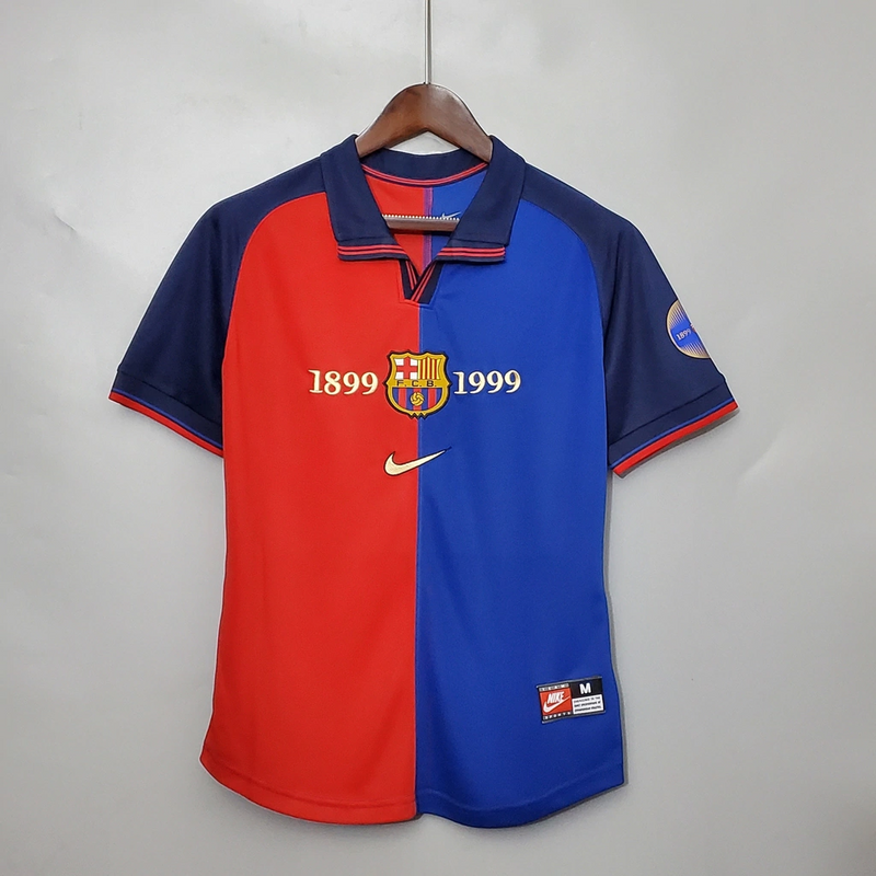 Camisa Barcelona Home 1999/00 - Retrô Nike Masculino - Azul e Grená